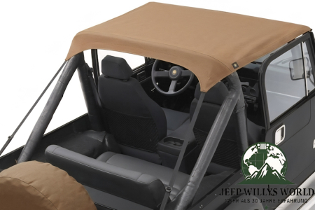 Bestop Bikini Top Traditional Style Tan Denim Jeep CJ7 CJ8 Wrangler YJ (76-91), mounted, close up.