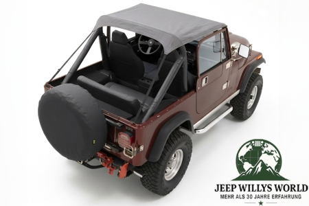 Bestop Bikini Top Traditional Style Charcoal Denim Jeep CJ7 CJ8 Wrangler YJ (76-91), mounted.