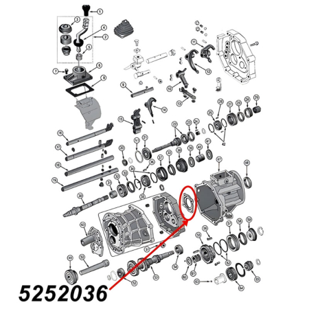 Lagerhalter hinten am AX15 Schaltgetriebe. Jeep Cherokee XJ / Wrangler YJ / TJ / Grand Cherokee ZJ / ZG / Comanche MJ (1987-1999), Explosionszeichnung, die mit rotem Pfeil die Position des Halters am Schaltgetriebezeigt.