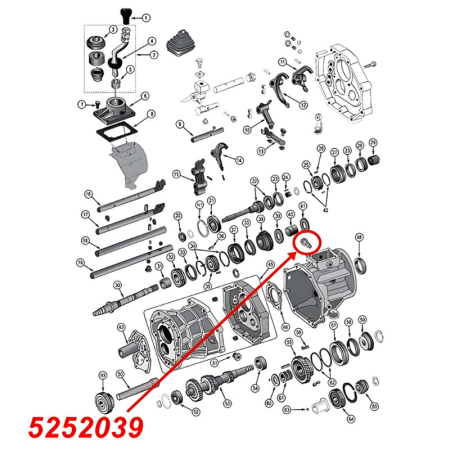 Reverse Gear Pin for AX15 Transmission. Jeep Cherokee XJ / Wrangler YJ / TJ / Grand Cherokee ZJ (1987-1999), exploded drawing highlighting the position of Pin on Transmission with a red arrow.