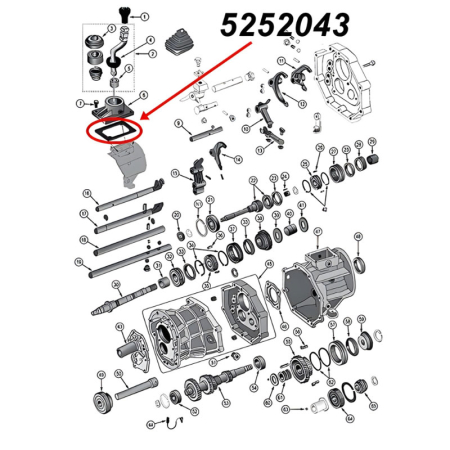 Shift Retainer Housing Gasket for AX15 Transmission. Jeep Cherokee XJ / Wrangler YJ / TJ / Grand Cherokee ZJ (1987-1999), exploded drawing highlighting the position of Gasket on Transmission with a red arrow.