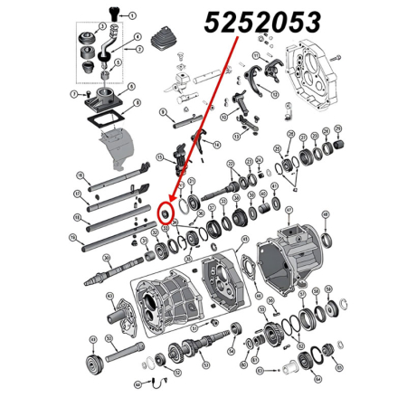 Input Shaft Oil Seal for AX15 Transmission. Jeep Cherokee XJ / Wrangler YJ / TJ / Grand Cherokee ZJ / Comanche MJ (1987-1999), exploded drawing highlighting the location of Seal on Transmission with red arrow.