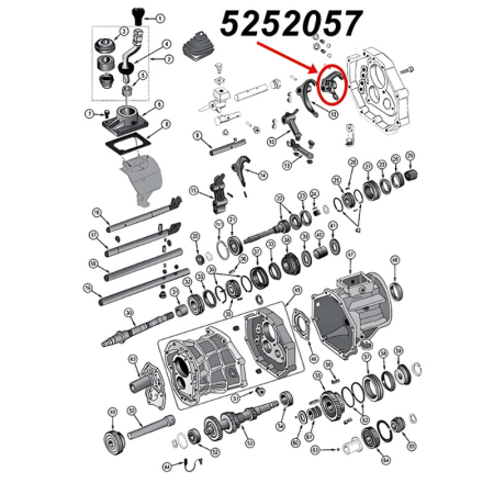 Schaltgabel 1. & 2. Gang AX15 Schaltgetriebe Jeep XJ Wrangler YJ TJ Grand Cherokee ZJ (87-99), Explosionszeichnung, die mit rotem Pfeil die Position der Schaltgabel am Schaltgetriebezeigt.