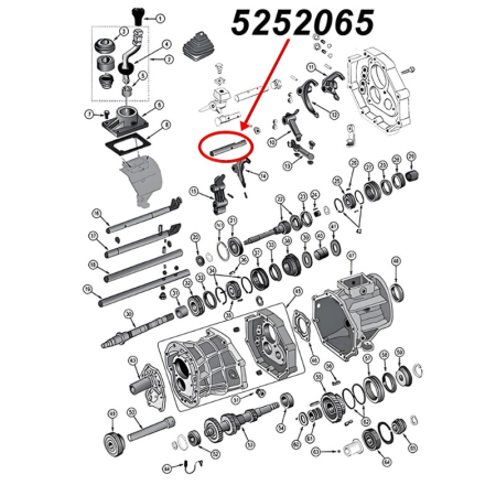 Hintere Schaltstange, Schaltwelle für den Rückwärtsgang für AX15 Schaltgetriebe. Jeep Cherokee XJ / Wrangler YJ / TJ / Grand Cherokee ZJ / Comanche MJ (1987-1999), Explosionszeichnung, die mit rotem Pfeil die Position der Dichtung am Schaltgetriebezeigt.