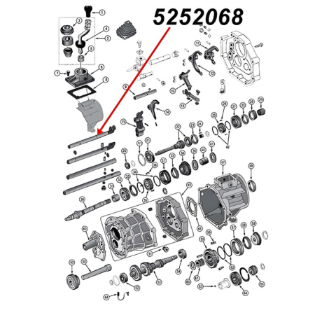 Shift Shaft 3rd & 4th Gear AX15 Transmission Jeep Cherokee XJ Wrangler YJ TJ Grand Cherokee ZJ (87-99), exploded drawing highlighting the position of Shaft on Transmission with a red arrow.