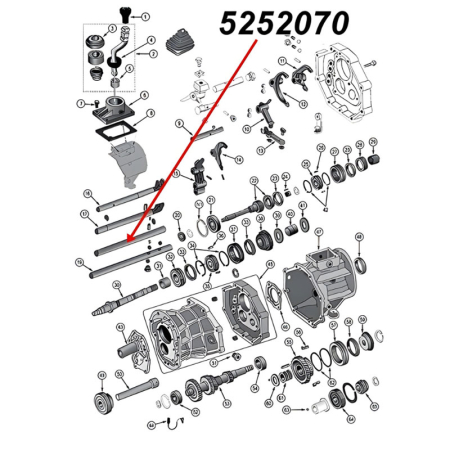 Schaltstange vorne vom Rückwärtsgang am AX15 Schaltgetriebe. Jeep Cherokee XJ / Wrangler YJ / TJ / Grand Cherokee ZJ / Comanche MJ (1987-1999), Explosionszeichnung, die mit rotem Pfeil die Position der Stange am Schaltgetriebezeigt.