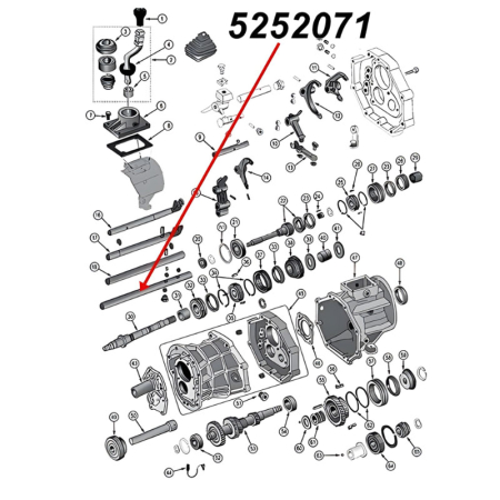 Schaltstange 5. Gang am AX15 Schaltgetriebe. Jeep Cherokee XJ / Wrangler YJ / TJ / Grand Cherokee ZJ / Comanche MJ (1987-1999), Explosionszeichnung, die mit rotem Pfeil die Position der Stange am Schaltgetriebezeigt.
