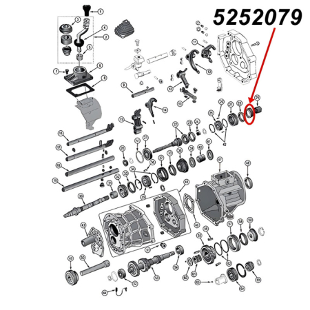 Zahnrad mit 31 Zähnen für den dritten (3.) Gang am AX15 Schaltgetriebe. Jeep Cherokee XJ / Wrangler YJ / TJ / Grand Cherokee ZJ / Comanche MJ (1987-1999), Explosionszeichnung, die mit rotem Pfeil die Position des Zahnrads am Schaltgetriebezeigt.
