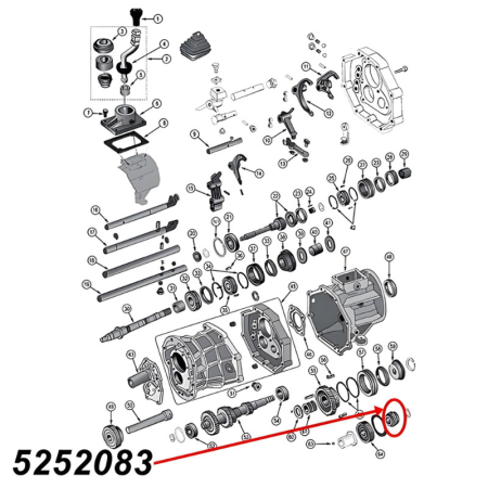 Zahnrad für den fünften (5.) Gang am AX15 Schaltgetriebe. Jeep Cherokee XJ / Wrangler YJ / TJ / Grand Cherokee ZJ / Comanche MJ (1987-1999), Explosionszeichnung, die mit rotem Pfeil die Position des Zahnrads am Schaltgetriebezeigt.