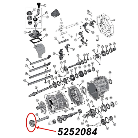 Reverse Idler Gear for AX15 Transmission. Jeep Cherokee XJ / Wrangler YJ / TJ / Grand Cherokee ZJ (1987-1999, exploded drawing highlighting the position of Gear on Transmission with a red arrow.