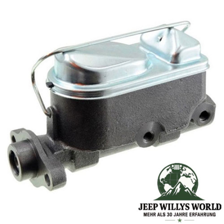 Master brake cylinder 10" brake drums Jeep CJ5 CJ7 78-86 with power brake booster, frontal side view, visable junction.