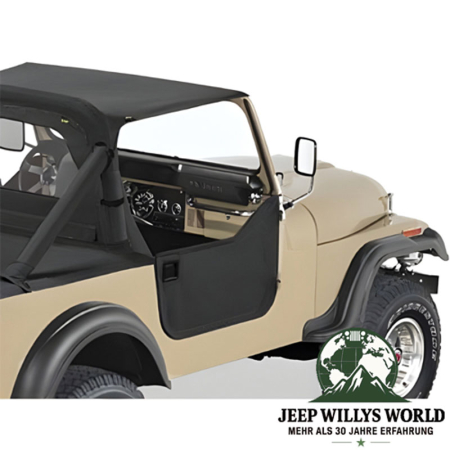 Halbtüren Verdeckmaterial Bestop Black Crush (Kunstleder, strukturiert) mit Türgriffen Jeep CJ7, Wrangler YJ (80-95). montiert mit passendem Bikini Top, Duster Heckabdeckung und Windjammer, Nahaufnaufnahme.