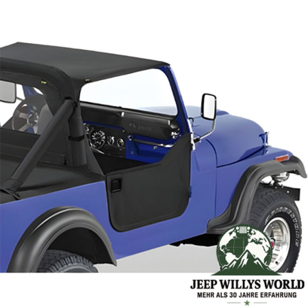 Lower Half Fabric Half Doors Bestop Soft Top Black Denim with Paddle-Style Door Handle Jeep CJ7 CJ8 Wrangler YJ (80-95), mounted with matching Bikini Top, Windjammer and Duster Deck Cover, Close-up.