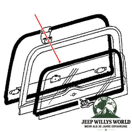 Hardtop Lift Gate Glass Seal Tail Gate Window Jeep CJ7, CJ8, 76-86, technical drawing with a red arrow showing the Part on the Lift Gate.