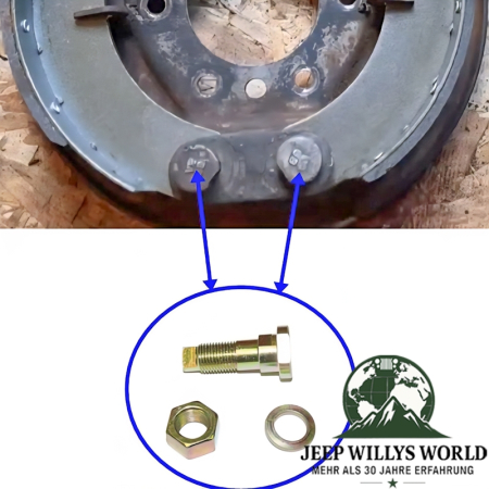 Exzenterschraube 9" Bremstrommel Bremsbelag Jeep Willys MB, CJ2A, CJ3A, M38 (41-53), in eingebautem Zustand am Bremsbelag abgebildet.