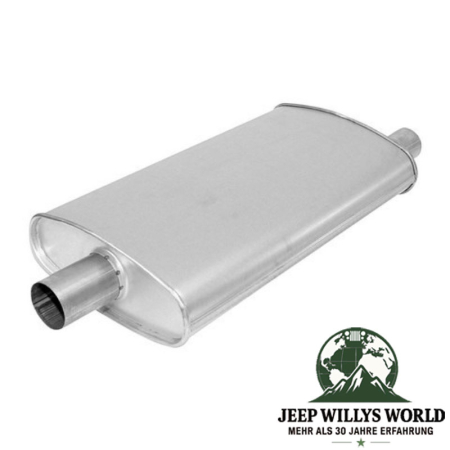 Muffler (aluminized) with 2.25" (57,15 mm) Inlet to 2" (50,80 mm) OutIet for 4.0L and 5.2L gasoline engine. Jeep Grand Cherokee ZJ / ZG (1992-1998), Inlet pictured.