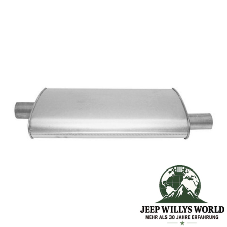 Muffler (aluminized) with 2.25" (57,15 mm) Inlet to 2" (50,80 mm) OutIet for 4.0L and 5.2L gasoline engine. Jeep Grand Cherokee ZJ / ZG (1992-1998), sideview with inlet on left side of picture.