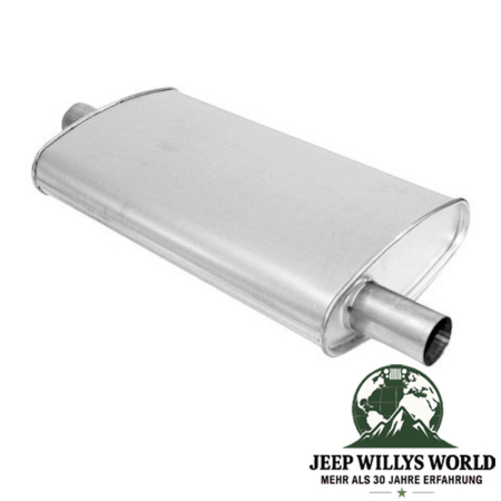 Muffler (aluminized) with 2.25" (57,15 mm) Inlet to 2" (50,80 mm) OutIet for 4.0L and 5.2L gasoline engine. Jeep Grand Cherokee ZJ / ZG (1992-1998), outlet pictured.