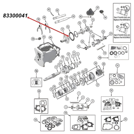 Input Shaft Oil Seal SR4 T4 T5 T86 T150 T176 T177 Transmission Jeep CJ / SJ (66-86), exploded drawing highlighting the position of Oil Seal on Transmission with a red arrow.