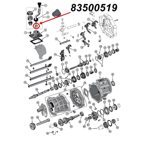 Gummi Buchse, Puffer für Schaltgestänge am AX4, AX5 oder AX15 Schaltgetriebe. Jeep Cherokee XJ /  Wrangler YJ / TJ / Grand Cherokee ZJ / Comanche MJ (1984-2002), Explosionszeichnung, die mit rotem Pfeil die Position der Buchse am Schaltgetriebe zeigt.