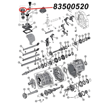 Schaltmanschette Gehäuse AX4 AX5 AX15 Schaltgetriebe Jeep XJ / YJ / TJ / ZJ (84-02), Explosionszeichnung, die mit rotem Pfeil die Position der Manschette am Schaltgetriebe zeigt.