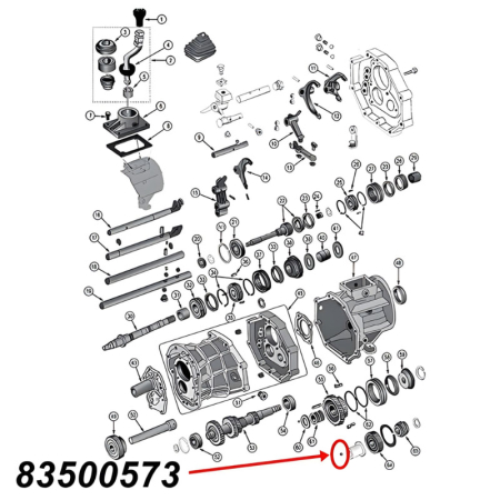Schaltsperre, Schaltkugel für AX4, AX5 oder AX15 Schaltgetriebe. Jeep Cherokee XJ /  Wrangler YJ / TJ / Grand Cherokee ZJ / Comanche MJ (1984-2002), Explosionszeichnung, die mit rotem Pfeil die Position der Buchse am Schaltgetriebe zeigt.