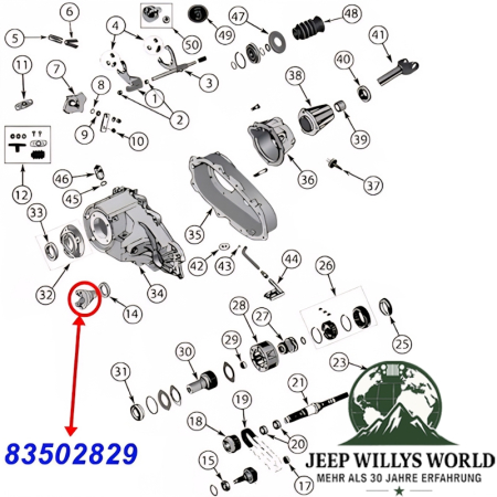 Kardanflansch mit 26 Splines am Ausgang vorne NP231 Verteilergetriebe. Jeep Wrangler YJ (1987-1995), Explosionszeichnung, die die Position des Flansches am Getriebe zeigt.