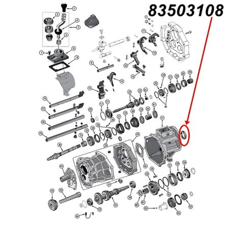 Output Shaft Oil Seal for AX4, AX5 or AX15 Transmission. Jeep Cherokee XJ / Wrangler YJ / TJ / Grand Cherokee ZJ / Comanche MJ (1984-2002), exploded drawing highlighting the location of Seal on Transmission with red arrow.