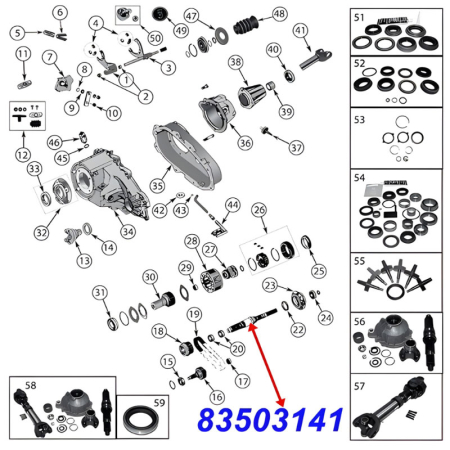 Hintere Hauptwelle vom NP231 Verteilergetriebe. Jeep Cherokee XJ / Wrangler YJ (1987-1996), Explosionszeichnung die die Position der Welle am Getriebe zeigt.
