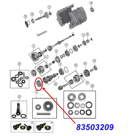 Vorderes Lager der Vorgelegewelle am BA10/5 Peugeot 5-Gang Schaltgetriebe. Jeep Cherokee XJ / Wrangler YJ / Comanche MJ (1987-1989), Explosionszeichnung die mit rotem Pfeil die Position des Lagers am Schaltgetriebe zeigt.
