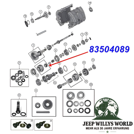 Synchronizer Assembly 1st & 2nd Gear BA10/5 Transmission Jeep Cherokee XJ / Wrangler YJ (87-89), exploded drawing highlighting the position of Assembly on Transmission with red arrow.