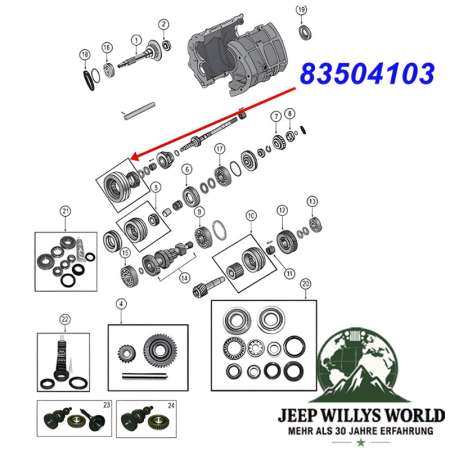 Synchronizer Assembly 3rd & 4th Gear BA10/5 Transmission Jeep Cherokee XJ / Wrangler YJ (87-89), exploded drawing highlighting the position of Assembly on Transmission with red arrow.