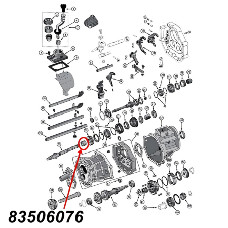 Nadellager für den zweiten (2.) Gang am AX15 Schaltgetriebe. Jeep Cherokee XJ / Wrangler YJ / TJ / Grand Cherokee ZJ / Comanche MJ (1987-1999), Explosionszeichnung, die mit rotem Pfeil die Position des Lagers am Schaltgetriebezeigt.