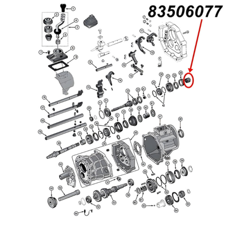 Nadellager für den dritten (3.) Gang am AX15 Schaltgetriebe. Jeep Cherokee XJ / Wrangler YJ / TJ / Grand Cherokee ZJ / Comanche MJ (1987-1999), Explosionszeichnung, die mit rotem Pfeil die Position des Lagerss am Schaltgetriebezeigt.