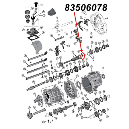 Hinteres Lager der Eingangswelle für AX15 Schaltgetriebe. Jeep Cherokee XJ / Wrangler YJ / TJ / Grand Cherokee ZJ (1988-1999), Explosionszeichnung die mit rotem Pfeil die Position des Lagers am Schaltgetriebe zeigt.