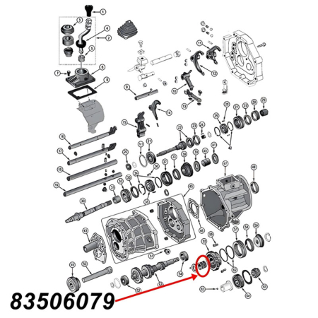 Nadellager für den fünften (5.) Gang am AX15 Schaltgetriebe. Jeep Cherokee XJ / Wrangler YJ / TJ / Grand Cherokee ZJ / Comanche MJ (1987-1999), Explosionszeichnung, die mit rotem Pfeil die Position des Lagers am Schaltgetriebezeigt.