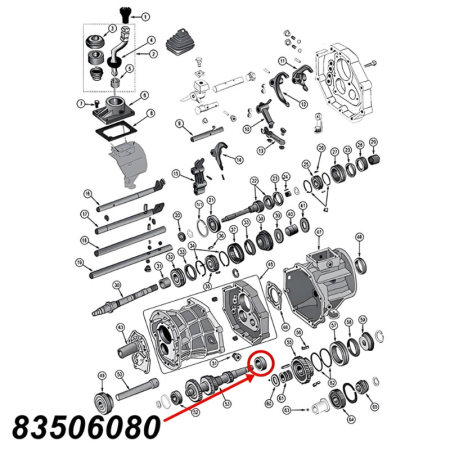 Hinteres Lager der Vorgelegewelle für AX15 Schaltgetriebe. Jeep Cherokee XJ / Wrangler YJ / TJ / Grand Cherokee ZJ (1987-1999), Explosionszeichnung die mit rotem Pfeil die Position des Lagers am Schaltgetriebe zeigt.