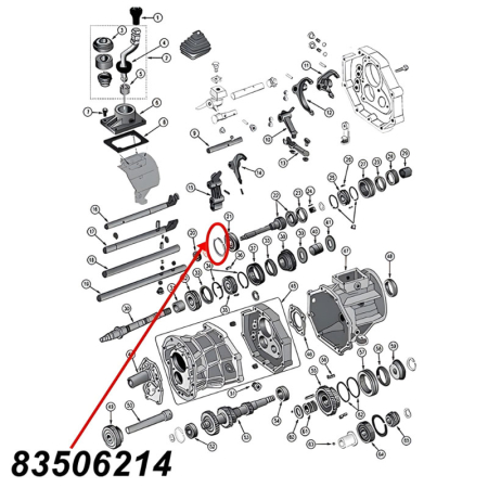 Sicherungsring für das Lager der Eingangswelle für AX15 Schaltgetriebe. Jeep Cherokee XJ / Wrangler YJ / TJ / Grand Cherokee ZJ (1988-1999), Explosionszeichnung die mit roten Pfeilen die Position des Rings am Schaltgetriebe zeigt.