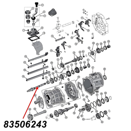 Hauptwelle für AX15 Schaltgetriebe. Jeep Cherokee XJ / Wrangler YJ / TJ / Grand Cherokee ZJ (1987-1999), Explosionszeichnung die mit roten Pfeilen die Position der Welle am Schaltgetriebe zeigt.