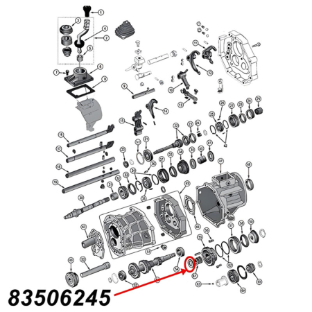 Druckscheibe für die Vorgelegewelle am AX15 Schaltgetriebe. Jeep Cherokee XJ / Wrangler YJ / TJ / Grand Cherokee ZJ / Comanche MJ (1987-1999), Explosionszeichnung, die mit rotem Pfeil die Position der Druckscheibe am Schaltgetriebezeigt.
