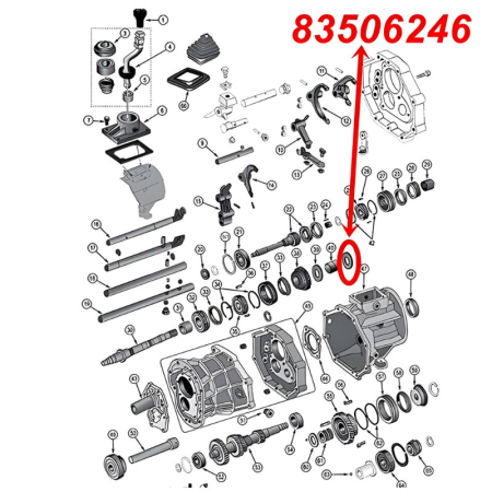 First (1st) Gear Thrust Washer AX15 Transmission. Jeep Cherokee XJ / Wrangler YJ / TJ / Grand Cherokee ZJ (1987-1999), exploded drawing highlighting the position of Washer on Transmission with a red arrow.