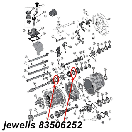 Synchronizer Ring 1st & 2nd Gear AX15 Transmission Jeep XJ / YJ / TJ / ZJ (87-99), exploded drawing highlighting the location of 2 Rings on Transmission with red arrows.