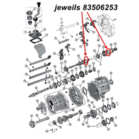 Synchronizer Ring 3rd & 4th & 5th Gear AX15 Transmission Jeep XJ / YJ / TJ / ZJ (87-99), exploded drawing highlighting the location of 2 Rings on Transmission with red arrows.