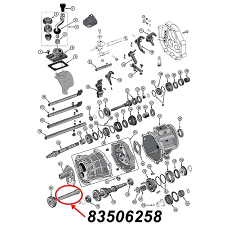 Schaltstange vom Rückwärtsgang am AX15 Schaltgetriebe. Jeep Cherokee XJ / Wrangler YJ / TJ / Grand Cherokee ZJ / Comanche MJ (1987-1999), Explosionszeichnung, die mit rotem Pfeil die Position der Stange am Schaltgetriebezeigt.