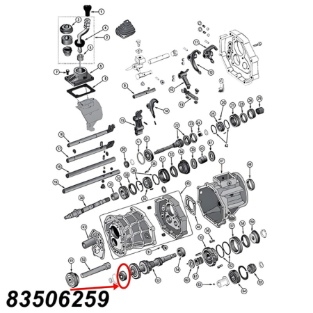 Bearing for Cluster Gear (front) on AX15 Transmission. Jeep Cherokee XJ / Wrangler YJ / TJ / Grand Cherokee ZJ (1987-1999), exploded drawing highlighting the location of Bearing on Transmission with red arrow.