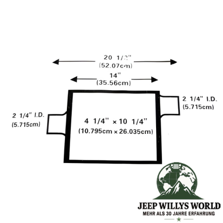 Sportendtopf Sportauspufftopf Vortex 2,25" für 2.5L oder 4.0L Motoren. Jeep CJ / Wrangler YJ / TJ (1976-2006), technische Zeichnung mit Bemaßung.