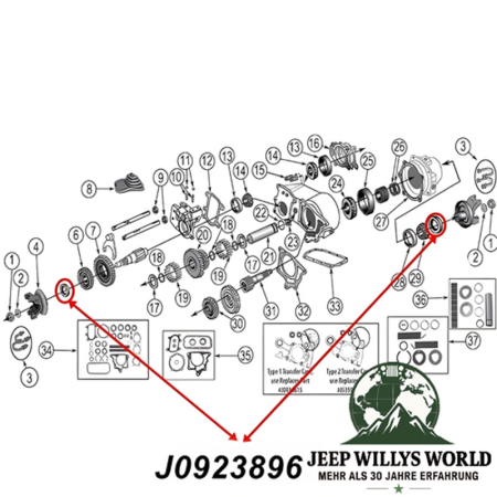 Output Seal Dana 18 20 Transfer Case Jeep Willys MB / CJ2A / CJ3A / M38 / M38A1 / CJ3B / CJ5 / CJ6 / CJ7 (41-79), Technical drawing highlithing the location of the Output Seals on Front and Rear Transfer Case..
