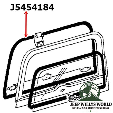 Hardtop Lift Gate Weatherstrip Tail Gate Jeep CJ7, CJ8, 76-86, technical drawing with a red arrow showing the Part on the Hardtop.