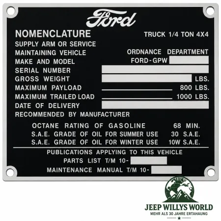 Typenschild Plakete Armaturenbrett Fahrzeug Identifikationsnummer Ford GPW (01.1943-01.1944)