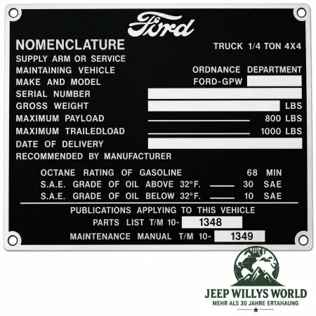 Typenschild Plakete Zinkfarbig Armaturenbrett Fahrzeug Identifikationsnummer Ford GPW (01.1944-07.1944)
